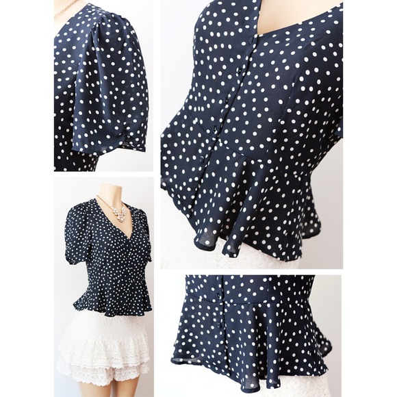 Navy Polka Dot Deep V Neck Button Peplum Shirt Top - Picture 5 of 8